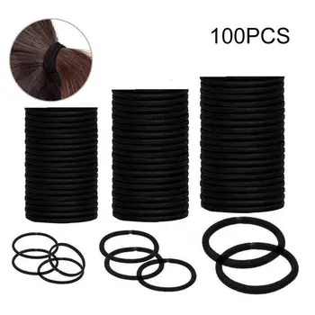 Black Hair Rope Premium 100vnt Juodi plaukų kaklaraiščiai Stori sunkūs elastiniai ponytail laikikliai garbanotiems plaukams 4mm plaukų juostų dizainas Plaukai