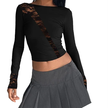 Black Lace Patchwork marškinėliai 2024 Pavasario vasara Moterų ilgomis rankovėmis Crew Kaklas Slim Fit Crop Tops Basics Casual Pullovers