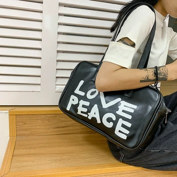 Black PVC Tote Bag Y2K Moteriškas krepšys 2023 Vintage Female Handbag Shopper Eco Bag Korean Commuter Bag Letter Print Shoulder Bag INS