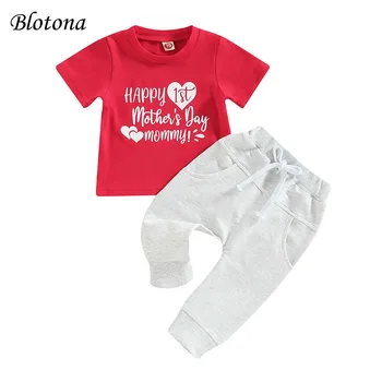 Blotona Baby Boys Vasaros apranga Raudona trumpomis rankovėmis Motinos dienos laiškas Širdies atspaudų viršūnės + baltos kelnės su raišteliu 0-12Mėnesiai