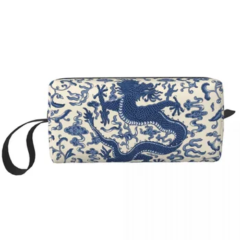 Blue Indigo Chinoiserie Chien Dragon Tualeto reikmenų krepšys Rytietiško stiliaus kosmetinio makiažo organizatorius Lady Beauty Storage Dopp Kit Box