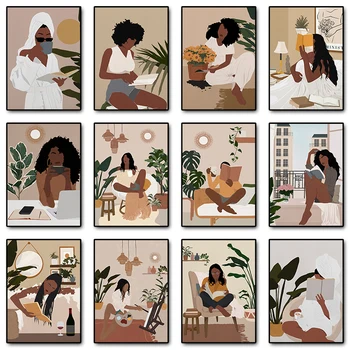 Boho Afrikos juodaodės moters gyvenimas Sienų meno spauda Plakatai Mada Juoda mergaitė Drobė Tapyba Sienų paveikslėliai svetainės namų dekorui
