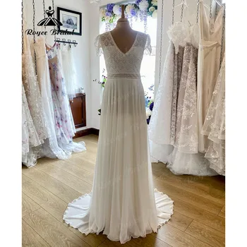 Brautkleid Bohemian Lace Bodice Chiffon V Neck vestuvinė suknelė nuotakai 2024 Boho vestuvinė suknelė trumpomis rankovėmis suknia slubna