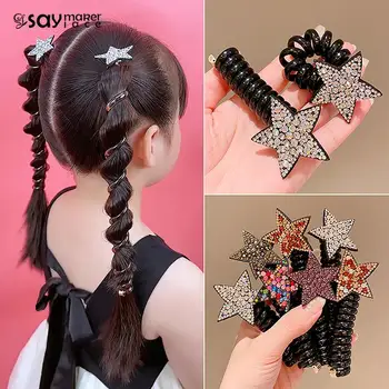 Children Girls Rhinestone Pentagram Star Ponytail Elastic Hair Bands Phone Wire Hair Tie Bundle Scrunchies Accessories