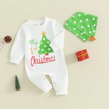 Christmas Toddler Baby Outfits Long Sleeve Crew Neck Letters Tree Print Jumpsuit with Dots Hat for Girls Boys Clothes