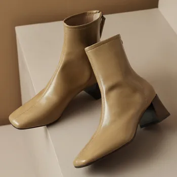 danxuefei didelis dydis 34-42 moteriškos natūralios odos 5cm storio medinis kulnas kvadratinis kojos pirštas atgal zip rudens kulkšnies batai elegantiški moteriški batai