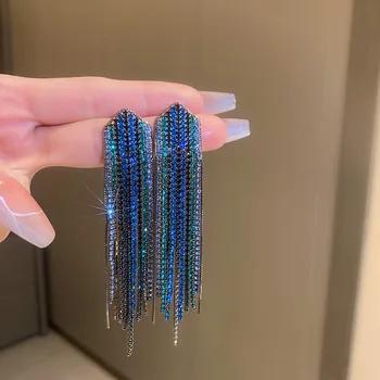 Daugiasluoksniai ilgi puokštės mėlyno krištolo lašo auskarai moterims Vintažiniai pilni cirkonio auskarai Vestuvių vakarėlio papuošalai
