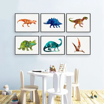 Dinozaurų plakatai ir spaudiniai Akvarelė Gyvūnai Dinozaurai Drobė Tapyba Juros periodo menas Sienų paveikslėliai Vaikai Miegamasis Namų dekoras