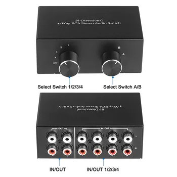 dvikryptis 4 krypčių RCA stereofoninis garso jungiklis L / R garso kanalo garso perjungiklis, 2 iš 4 išėjimų arba 4 iš 2 garso skirstytuvas
