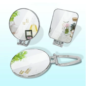 Dvipusis rankinis veidrodis - kelioninis makiažo veidrodis su reguliuojama sulankstoma rankena, nešiojamas, auksinis/sidabrinis/rožinis& apvalus/ovalus/kvadratinis