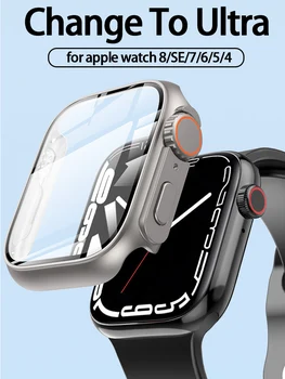 dėklas+stiklas, skirtas Apple Watch 8 7 45mm 41mm Atnaujinkite į Apple Watch Ultra 49mm ekrano apsauga PC dangtelis Iwatch se 6 5 40mm 44mm