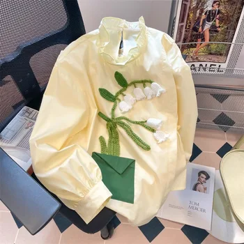 EBAIHUI kremas Geltoni prancūziški moteriški marškiniai Nauja mada 3D gėlių dekoravimas Moteriška palaidinė Pavasario ir rudens megztinis ilgomis rankovėmis