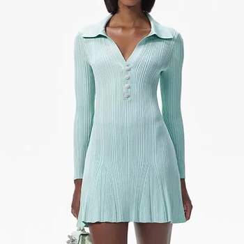 Elegantiška liekninanti mėtų žalia megzta suknelė aukštu liemeniu 2024 Ankstyvas pavasaris Nauja atlapinė trumpa undinėlės suknelė ilgomis rankovėmis moterims