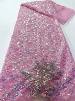 Elegantiška prabangi seka Afrikietiški karoliukai Nėrinių audinys Naujausias aukštos kokybės prancūziškas Tiulio nėrinių siuvinėjimas Blizgučiai vakarėlio suknelei