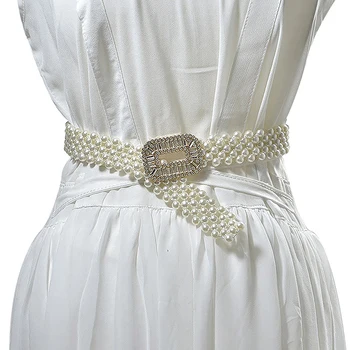 Elegantiškas perlų diržas Elastinga mada Kalnų krištolo sagtis Perlų juosmuo Moterims Vestuvinė suknelė Juosmens diržai Dekoras