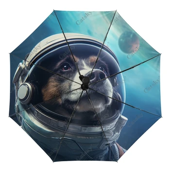 Endearing Astronaut Dog Umbrella Rain Women 3-Folding Visiškai automatiniai skėčiai Apsauga nuo saulės Lauko kelionių įrankis Parapluie