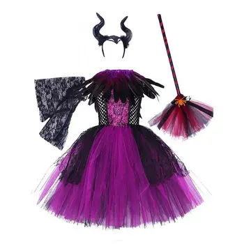 Evil Queen kostiumas Evil Queen Mesh Tutu suknelė vaikams Kostiumų komplektas su galvos juostos sparnu Rankovės plunksnų apykaklė 2-12 Senukams