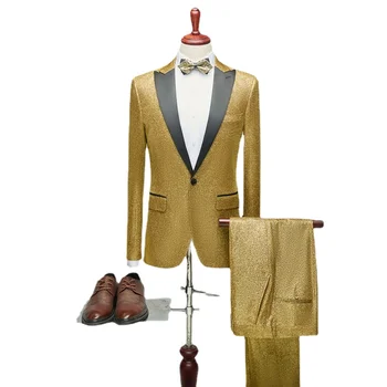 Fashion Luxury Wedding Party Dress Suits Gold / Silver Singer Host Stage Performance 2piece Men Slim Fit Blazers and Pants