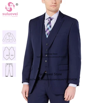 Fashion Navy Blue Slim Fit Suits For Men Business 3 Piece Pants Set Formal Grooms Wedding Party Tuxedos Terno Masculino Completo