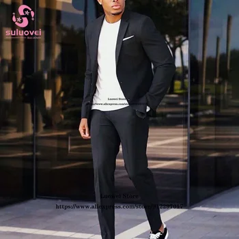 Fashion Simple Slim Fit Suit For Men Business 2 dalių švarko ir kelnių komplektas Oficialus jaunikio vestuvių įpjovos atlapas Smokingo kostiumas Homme