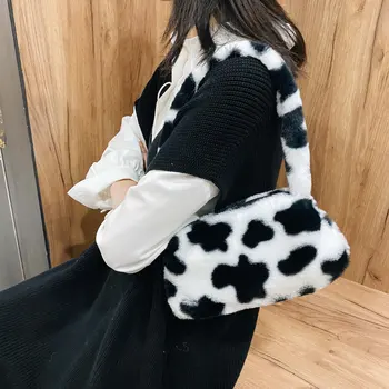 Fashion Women Cow Print Mini Pečių krepšiai Moteriški žieminiai pliušiniai pažastų krepšiai Leopard Zebra Raštas Pūkuotas Tote krepšiai Mažos piniginės