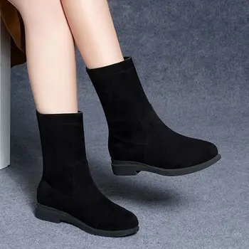 FHANCHU moteriški trumpi batai,madingi pulko žieminiai medvilniniai batai,žemi kulniukai kulkšnies botas,apvalus pirštas,nugaros užtrauktukas,Korėjos stilius,juoda,dropship