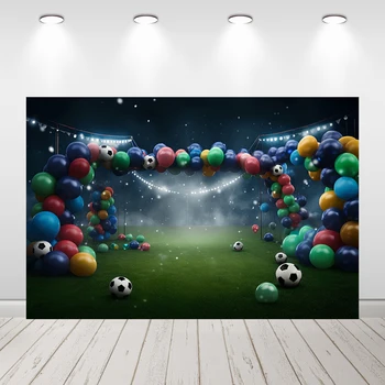 Futbolo aikštė Fonas berniukų gimtadienio vakarėlio dekoravimui Individualūs balionai Futbolo tortas Sutriuškinti foną Fotografijos rekvizitai
