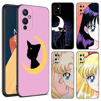 Girl Moon Cat telefono dėklas, skirtas OnePlus 7T 8 9 10 11 ACE Pro 8T 9RT 10T 10R Nord 2 CE2 Lite N10 N100 N20 N200 5G TPU Juodas dangtelis