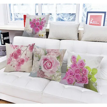 Gėlių raštas Kvadratinis metimas Pagalvės dėklas Rožinės rožės Vandens spalva Namų dekoravimas Medvilnė Lininė sofos pagalvėlė Užvalkalas Cojines Almofadas