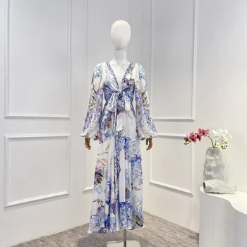 Gėlės Spausdinti Iškirptas mazgas Priekis Ilgomis rankovėmis Midi suknelė Šviesiai mėlyna Moterys Aukšta kokybė 2023 Elegantiški drabužiai
