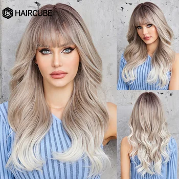 HAIRCUBE Ombre Brown to Grey White Sintetiniai perukai moterims ilgi banguoti natūralūs perukai su kirpčiukais Daily Cosplay natūralūs netikri plaukai