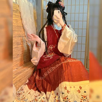 Hanfu Ming moteriški žieminiai Naujųjų metų drabužiai sutirštėja ir aksominis senovinis kostiumas kinų stilius naujas sprogo pilnas raudonos spalvos komplektas