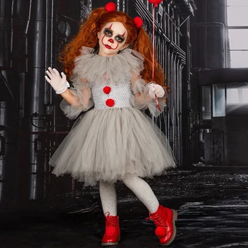 Helovinas Baisios pilkos klounų merginos Pennywise Tutu suknelė Vaikai Cosplay kostiumas Mergaitė Maskaradinis vakarėlis Drabužių spektaklis Suknelė