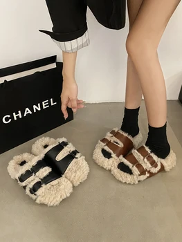 House Slippers Platform Shoes Woman 2023 Med Luxury Slides Pantofle Fur Flip Flops Designer New Plush Flat PU with fur Rubber