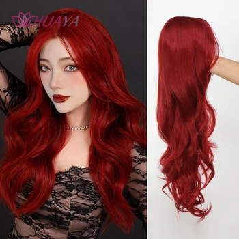 HUAYA Sintetiniai ilgi banguoti perukai moterims Vyno raudonasis perukas su kirpčiukais Banga Kalėdų dienos vakarėlis Cosplay Natūralūs karščiui atsparūs plaukai