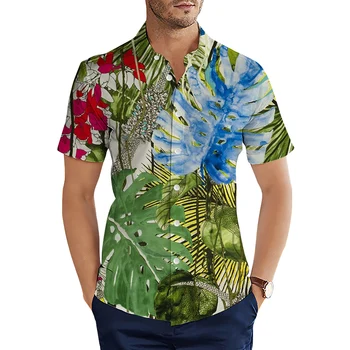 HX Havajų paplūdimio marškinėliai Polinezijos atogrąžų augalų gėlės Spausdinti laisvalaikio marškiniai vyrams Drabužiai Atlapo viršus Ropa Hombre
