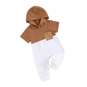 Infant Boy Summer Romper Apranga Kontrastinė spalva Trumpomis rankovėmis kišeninis gobtuvas Kombinezonas Smėlinukas Mieli drabužiai naujagimiams