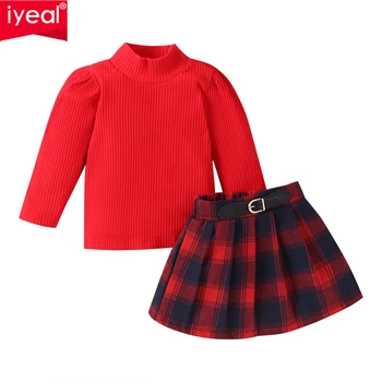 IYEAL Spring ilgomis rankovėmis megztos viršūnės + pledinis sijonas 2PCS Kids Girls drabužių rinkinys 1-5 metų kalėdinis mergaičių rinkinys