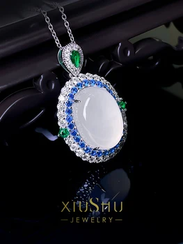 Jinggong Luxury Ice White Jade Marrow 925 sidabrinis pakabukas, inkrustuotas su aukštais anglies deimantais, skirtas retro ir pažangiam pojūčiui