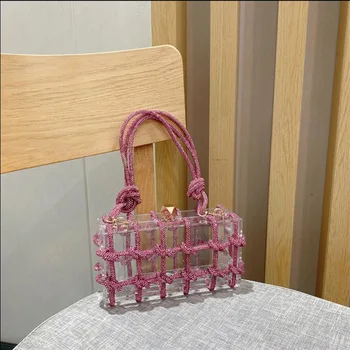 JIOMAY Luxury Dizainerio rankinės 2023 Moterys Bling Rhinestone Bag Ladies Skaidrus akrilo mazgas Dėžutės formos peties krepšys