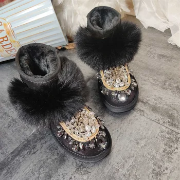 Juodi lapės plaukų batai rankiniai žieminiai plius vilnoniai šilti batai Reino gręžimo kailis vientisi batai moteriški 35-40