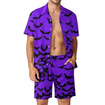 Just Bats Purple Beachwear Vyriški rinkiniai Mieli gyvūnų laisvalaikio marškinių komplektai Vasariniai šortai 2 dalių estetinis kostiumas plius dydis 3XL