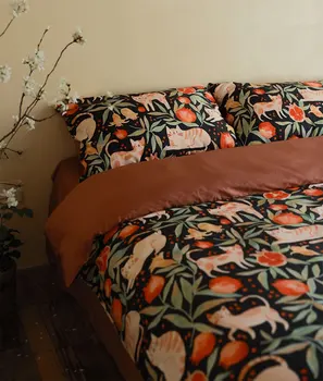 Kaimiškas gėlių kačių granatų patalynės komplektas viengubas dvivietis, medvilninis dvigubas pilnas karalienės karaliaus namų tekstilinis lovos paklodės pagalvės užvalkalas antklodės užvalkalas