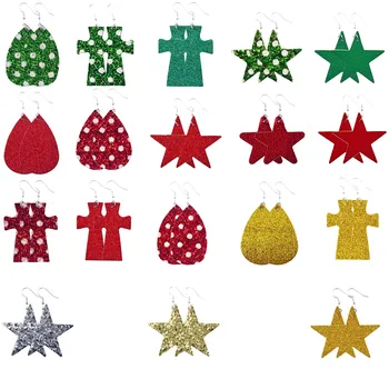 Kalėdų eglutės blizgučiai Penkiakampiai žvaigždžių lašo auskarai Blizgantys blizgučiai PU odiniai auskarai Moterys Mados papuošalai Dovanos didmeninė prekyba