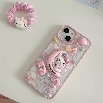 Kawaii Sanrio 3D Hello Kitty skaidrus telefono dėklas, skirtas IPhone 15 14 13 12 11 Pro Max 15 Pro Anti-fall Back Cover Y2k Girl