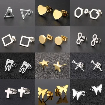 Keli auksiniai nerūdijančio plieno mieli auskarai moterims 2021 m Minimalistinis apvalus širdies kryžius Ausys Mergaičių gimtadienio žydų dovana