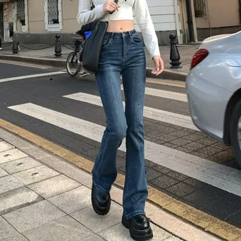 Korėjiečių klasikinis aštrus merginos stilius Retro Slim Fit Vasariniai platėjantys džinsai Moteriški mėlyni tiesūs ploni kūnai Aukštas juosmuo Vintažinės ilgos kojos