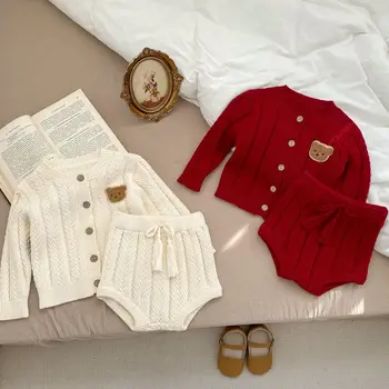 Kūdikių drabužių rinkiniai Korėjos vaikai Mieli meškiukai Siuvinėjimas Megztinis megztinis Megztinis Megztukas Mažylis Megztukas Kieti šortai Baby Boy Girl Apranga
