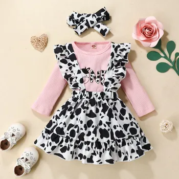Kūdikių mažylių mergaičių drabužių rinkiniai Karvės atspaudas ilgomis rankovėmis briaunotos viršūnės+dirželis Romper sijonas+galvos apdangalų komplektai Naujagimio apranga 3-24 mėnesiai