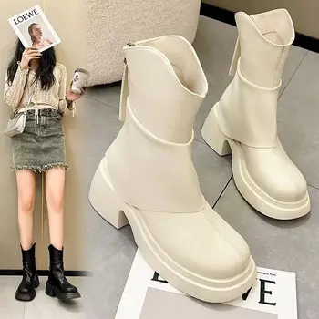 Lady Boots Boots-Women Back Zip Žieminė avalynė Balti batai Apvalus pirštų užtrauktukas 2023 Lolita Rock Ankle Med Rudens guma Roma Nėriniai